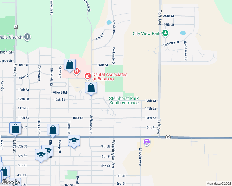 map of restaurants, bars, coffee shops, grocery stores, and more near 1105 12th Street in Baraboo