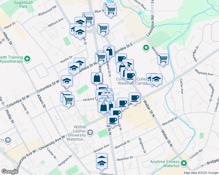 map of restaurants, bars, coffee shops, grocery stores, and more near 313 Regina Street North in Waterloo
