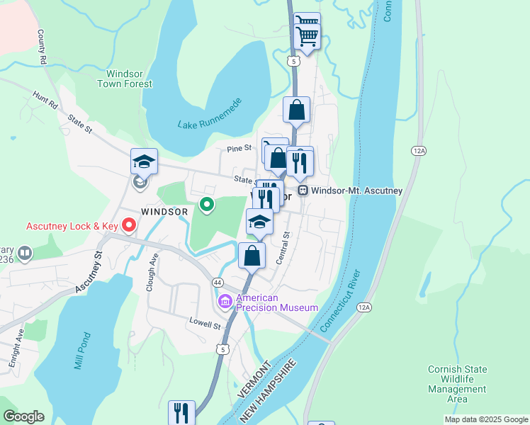 map of restaurants, bars, coffee shops, grocery stores, and more near 128 Main Street in Windsor