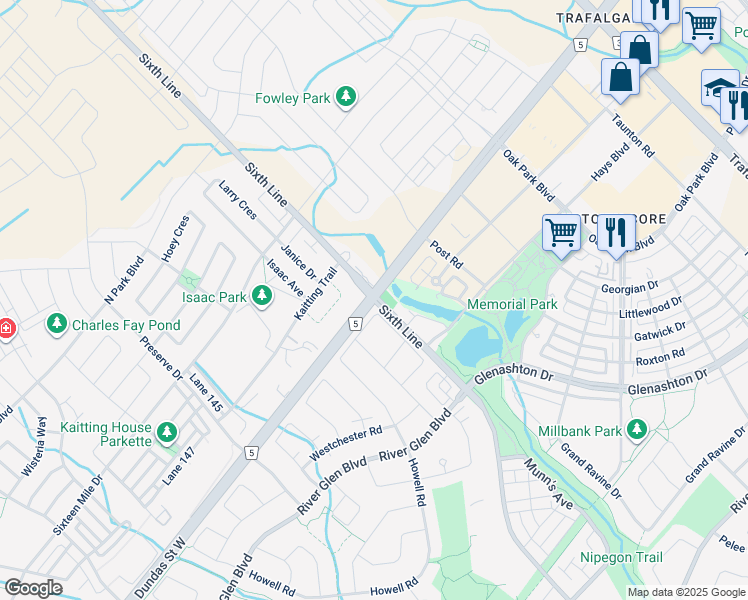 map of restaurants, bars, coffee shops, grocery stores, and more near in Oakville