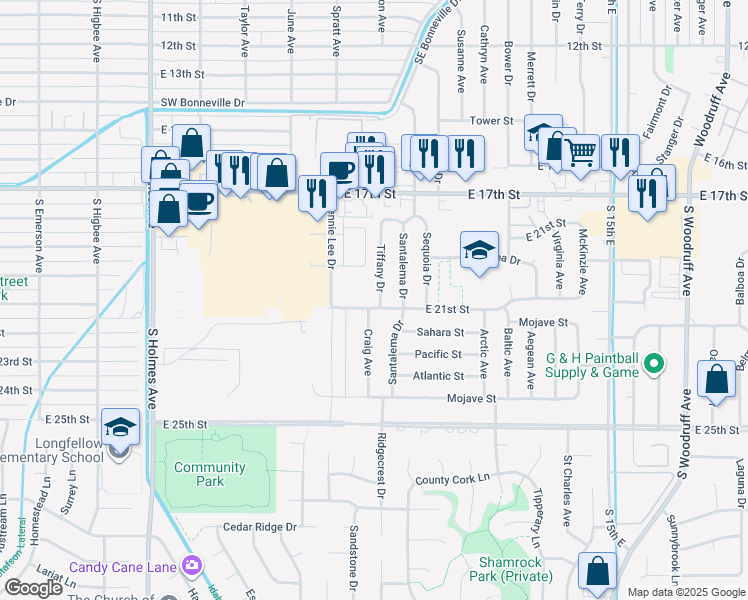 map of restaurants, bars, coffee shops, grocery stores, and more near 2068 Tiffany Drive in Idaho Falls