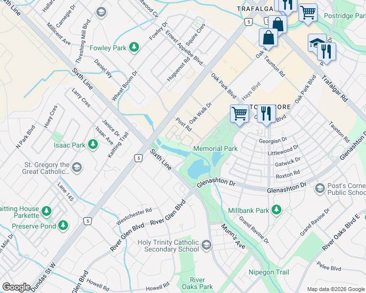 map of restaurants, bars, coffee shops, grocery stores, and more near 35 Hays Boulevard in Oakville