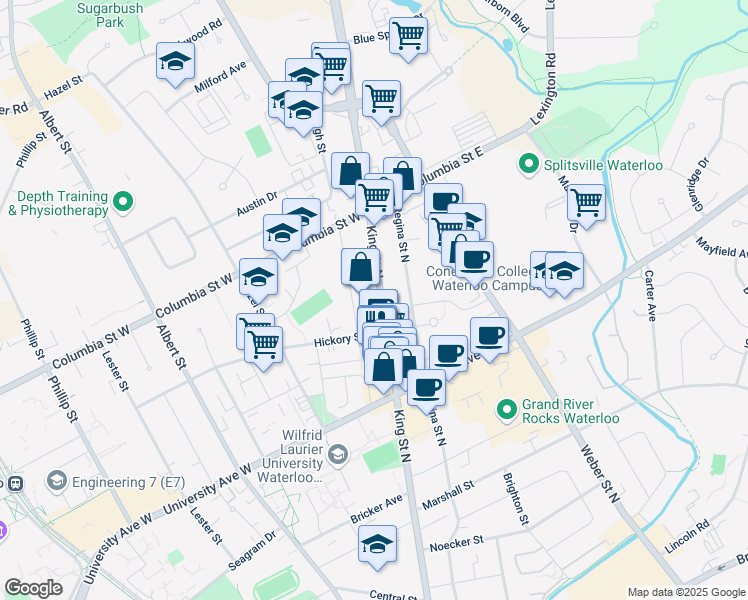 map of restaurants, bars, coffee shops, grocery stores, and more near 315 King Street North in Waterloo
