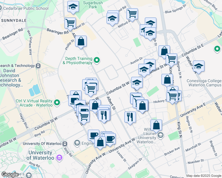 map of restaurants, bars, coffee shops, grocery stores, and more near 98 Columbia Street West in Waterloo