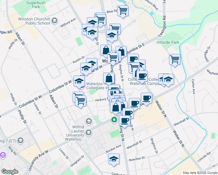 map of restaurants, bars, coffee shops, grocery stores, and more near 318 Spruce Street in Waterloo
