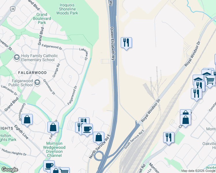map of restaurants, bars, coffee shops, grocery stores, and more near 1303 North Service Road East in Oakville