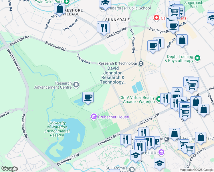 map of restaurants, bars, coffee shops, grocery stores, and more near 375 Hagey Boulevard in Waterloo