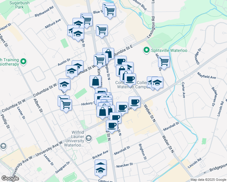 map of restaurants, bars, coffee shops, grocery stores, and more near 10 Hickory Street East in Waterloo