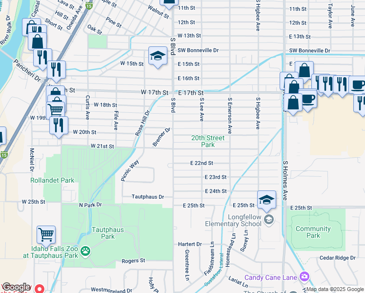 map of restaurants, bars, coffee shops, grocery stores, and more near 133 East 21st Street in Idaho Falls