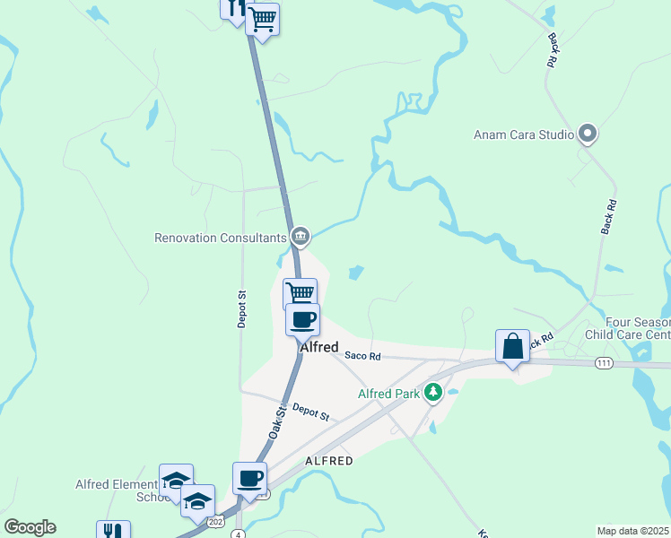 map of restaurants, bars, coffee shops, grocery stores, and more near 27 Waterboro Road in Alfred