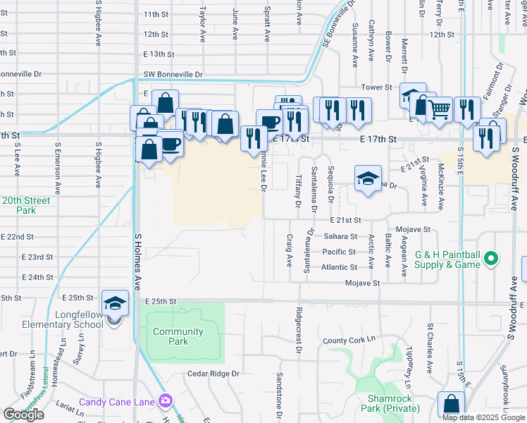 map of restaurants, bars, coffee shops, grocery stores, and more near 955 East 21st Street in Idaho Falls