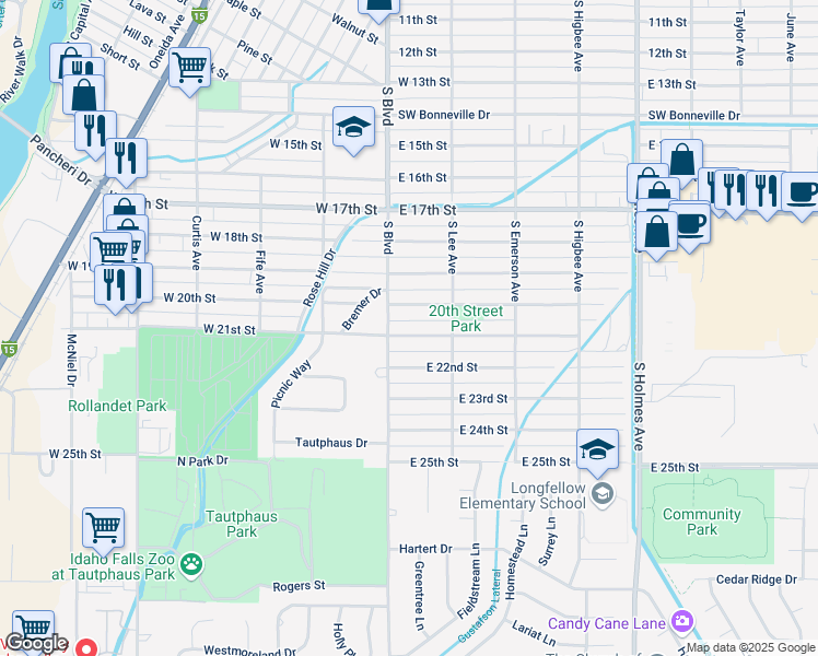 map of restaurants, bars, coffee shops, grocery stores, and more near 133 East 21st Street in Idaho Falls