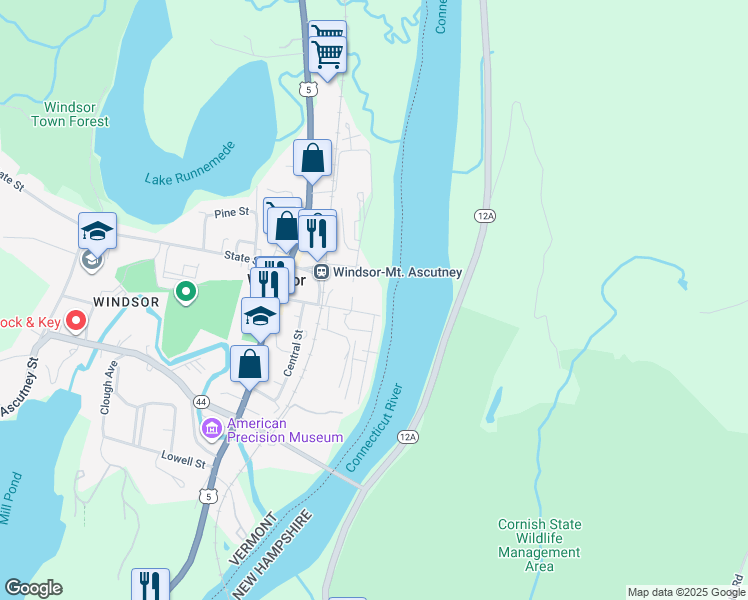 map of restaurants, bars, coffee shops, grocery stores, and more near 55 River Street in Windsor