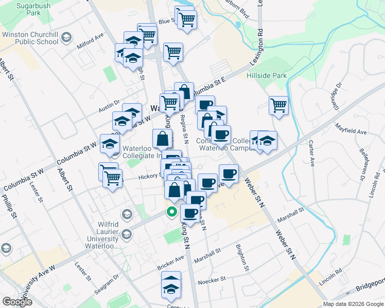 map of restaurants, bars, coffee shops, grocery stores, and more near 313 Regina Street North in Waterloo