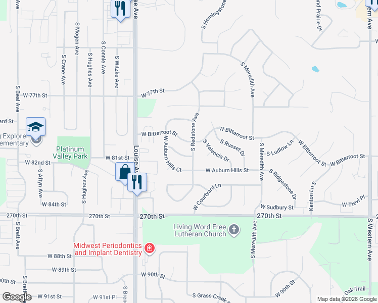 map of restaurants, bars, coffee shops, grocery stores, and more near 7300-7398 S Redstone Ave in Sioux Falls