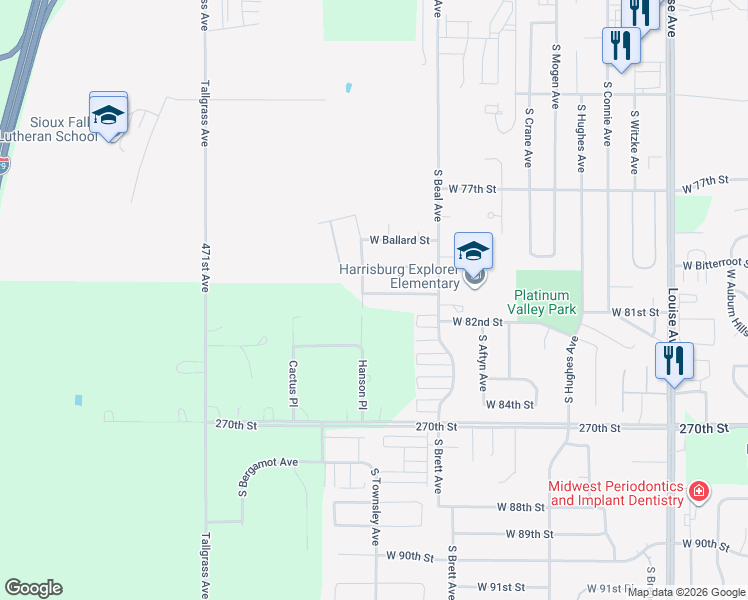 map of restaurants, bars, coffee shops, grocery stores, and more near 4427 Shipton Street in Sioux Falls