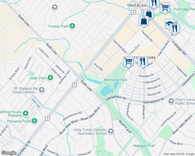 map of restaurants, bars, coffee shops, grocery stores, and more near 35 Hays Boulevard in Oakville