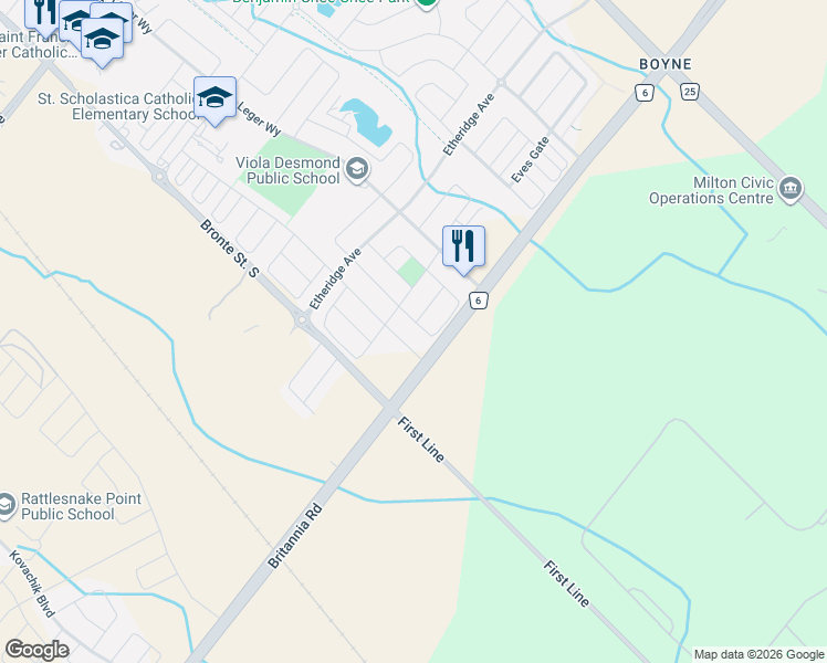 map of restaurants, bars, coffee shops, grocery stores, and more near 1590 Sorensen Court in Milton