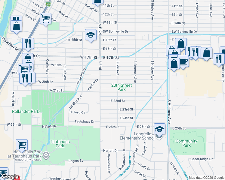 map of restaurants, bars, coffee shops, grocery stores, and more near 169 East 21st Street in Idaho Falls