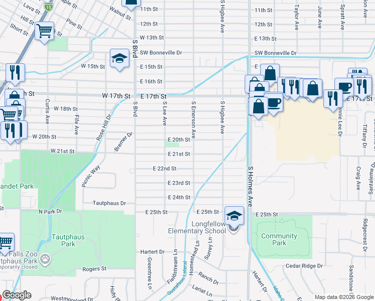 map of restaurants, bars, coffee shops, grocery stores, and more near 277 East 21st Street in Idaho Falls
