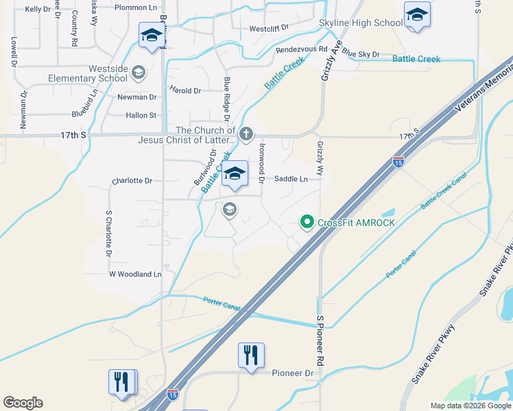 map of restaurants, bars, coffee shops, grocery stores, and more near 2060 Ironwood Drive in Idaho Falls