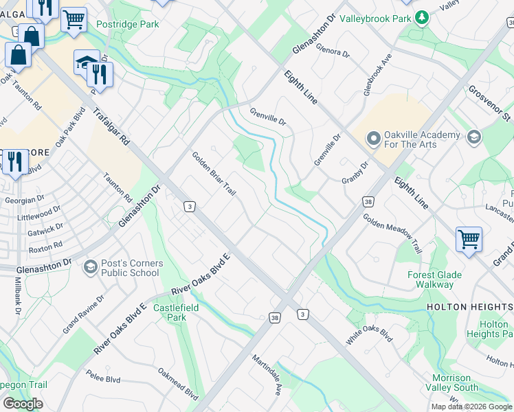 map of restaurants, bars, coffee shops, grocery stores, and more near 2111 Golden Briar Trail in Oakville