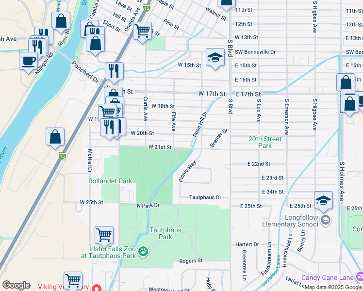map of restaurants, bars, coffee shops, grocery stores, and more near 272 West 21st Street in Idaho Falls