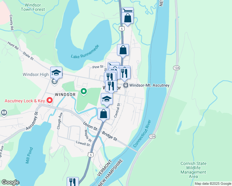 map of restaurants, bars, coffee shops, grocery stores, and more near 3 A Central Street in Windsor