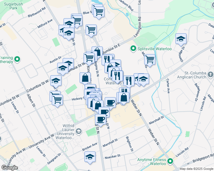 map of restaurants, bars, coffee shops, grocery stores, and more near 30 Hickory Street East in Waterloo