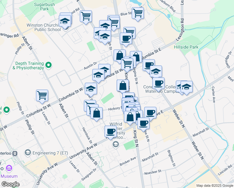 map of restaurants, bars, coffee shops, grocery stores, and more near 317 Spruce Street in Waterloo