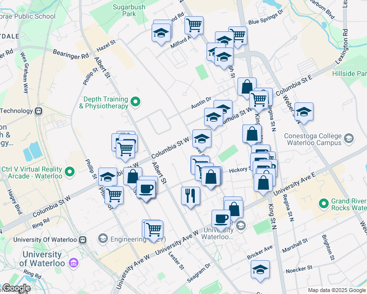map of restaurants, bars, coffee shops, grocery stores, and more near 73 Columbia Street West in Waterloo