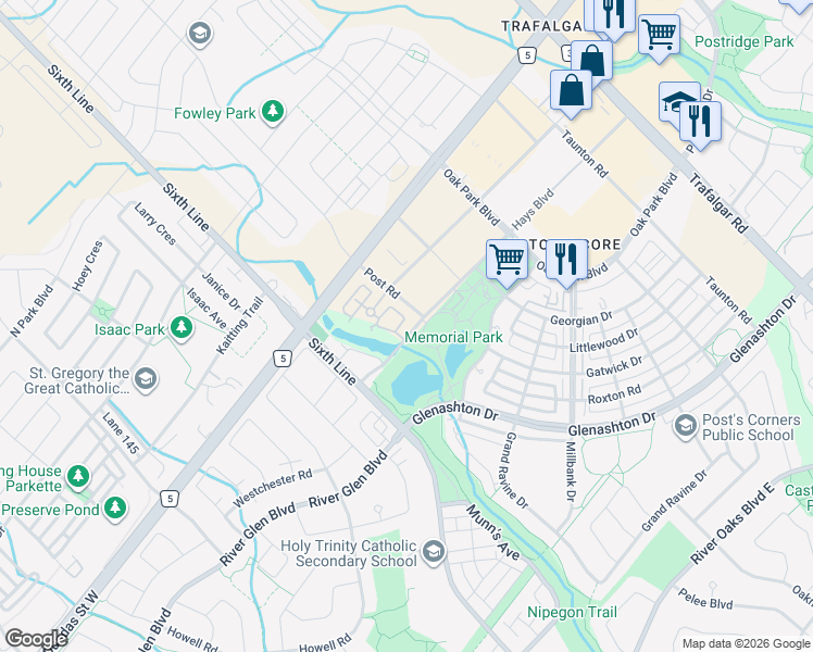 map of restaurants, bars, coffee shops, grocery stores, and more near 51 Hays Boulevard in Oakville