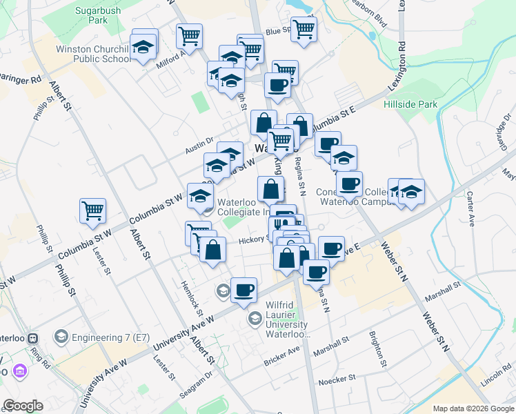 map of restaurants, bars, coffee shops, grocery stores, and more near 321 Spruce Street in Waterloo