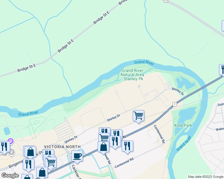 map of restaurants, bars, coffee shops, grocery stores, and more near 39 Cedarview Place in Kitchener