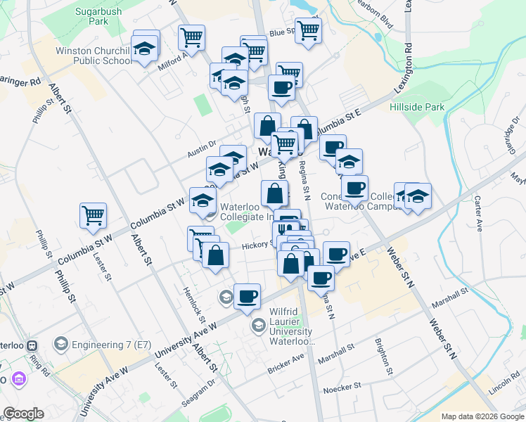 map of restaurants, bars, coffee shops, grocery stores, and more near 321 Spruce Street in Waterloo