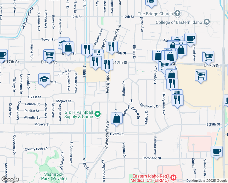 map of restaurants, bars, coffee shops, grocery stores, and more near 2001 South Woodruff Avenue in Idaho Falls