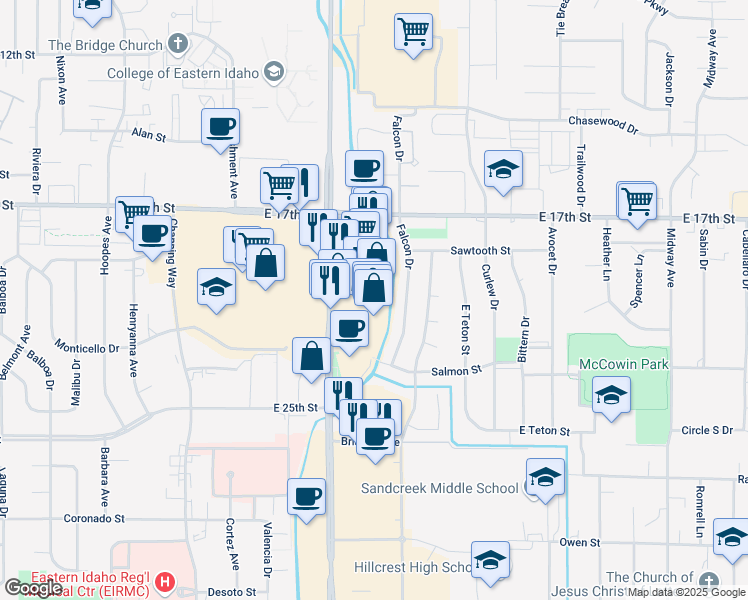 map of restaurants, bars, coffee shops, grocery stores, and more near 1999 South 25th East in Ammon