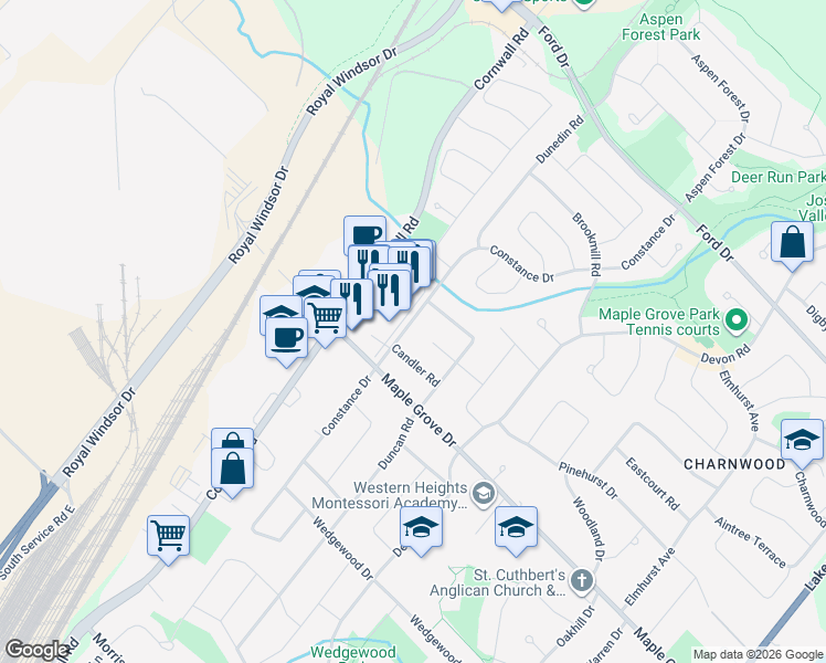 map of restaurants, bars, coffee shops, grocery stores, and more near 2042 Constance Drive in Oakville