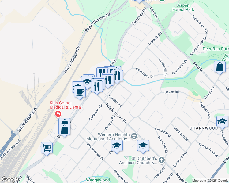 map of restaurants, bars, coffee shops, grocery stores, and more near 2042 Constance Drive in Oakville
