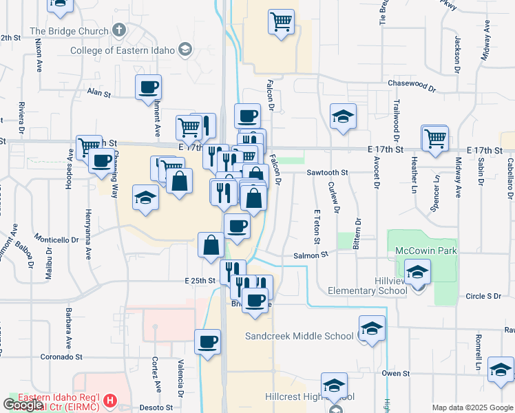 map of restaurants, bars, coffee shops, grocery stores, and more near 1999 South 25th East in Ammon
