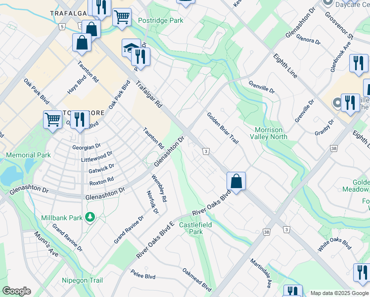 map of restaurants, bars, coffee shops, grocery stores, and more near 2199 Lillykin Street in Oakville
