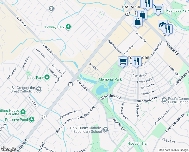 map of restaurants, bars, coffee shops, grocery stores, and more near in Oakville