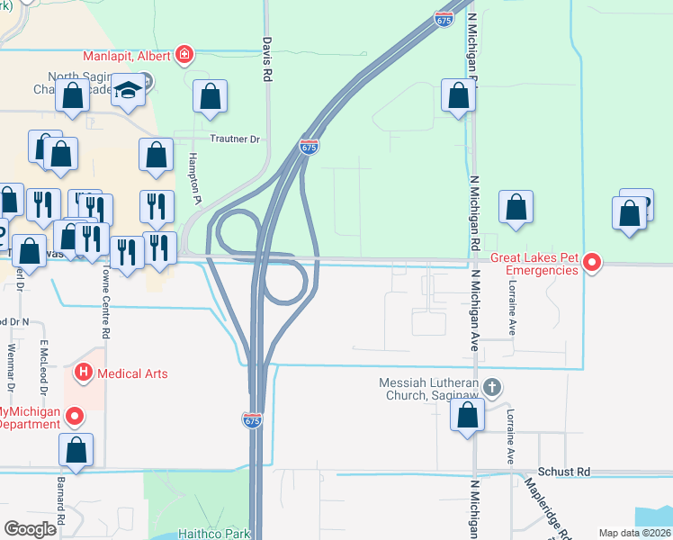 map of restaurants, bars, coffee shops, grocery stores, and more near 1795 Tittabawassee Road in Saginaw