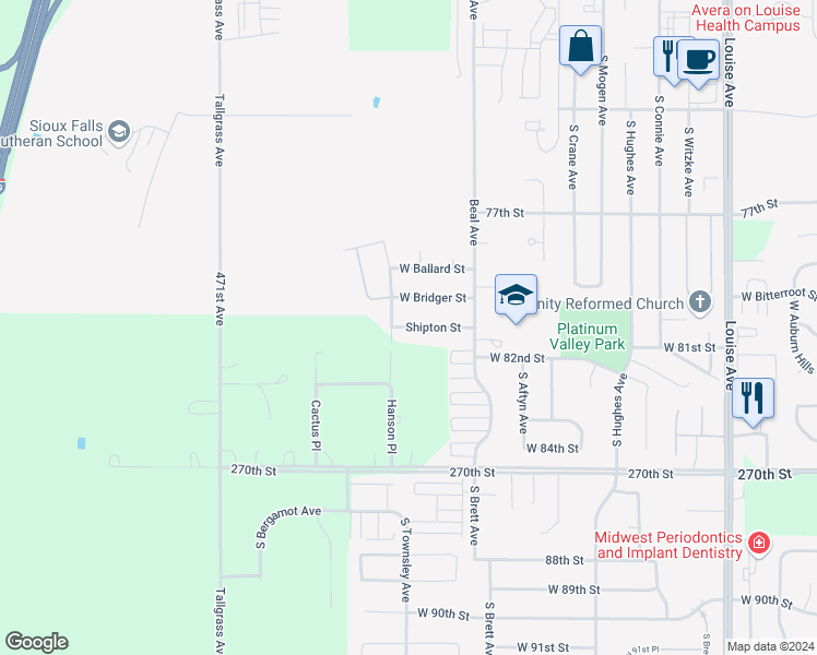map of restaurants, bars, coffee shops, grocery stores, and more near 4427 Shipton Street in Sioux Falls