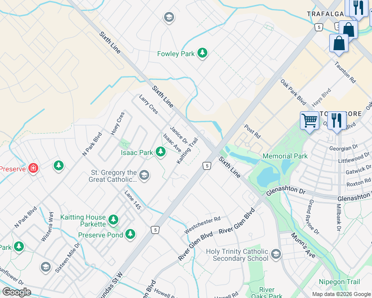 map of restaurants, bars, coffee shops, grocery stores, and more near 31 Kaitting Trail in Oakville