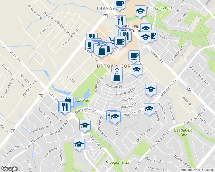 map of restaurants, bars, coffee shops, grocery stores, and more near 100 Georgian Drive in Oakville