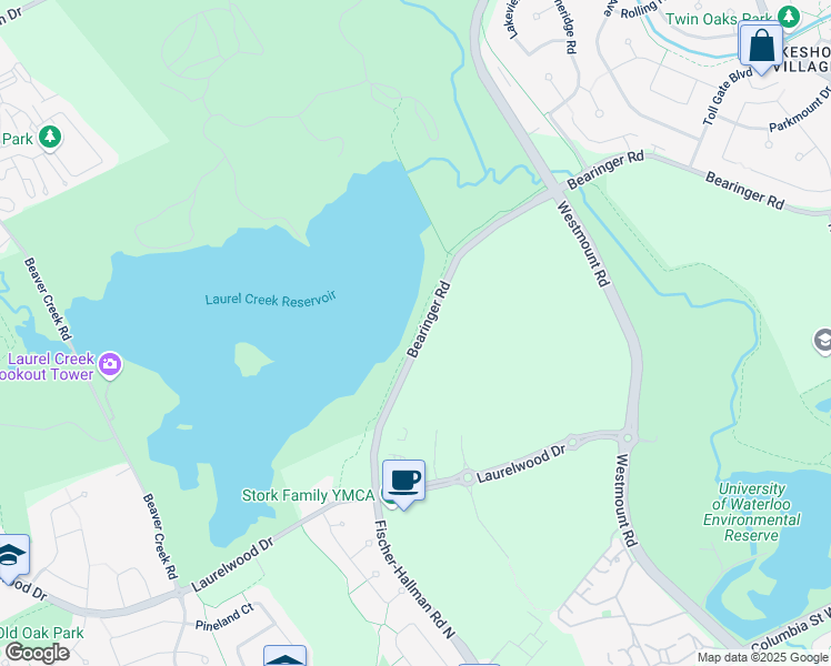 map of restaurants, bars, coffee shops, grocery stores, and more near Doreen Thomas Trail in Waterloo