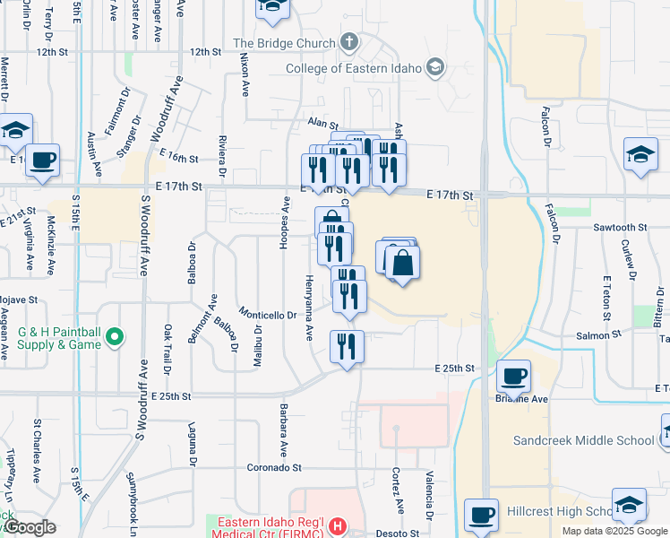 map of restaurants, bars, coffee shops, grocery stores, and more near 2040 Channing Way in Idaho Falls