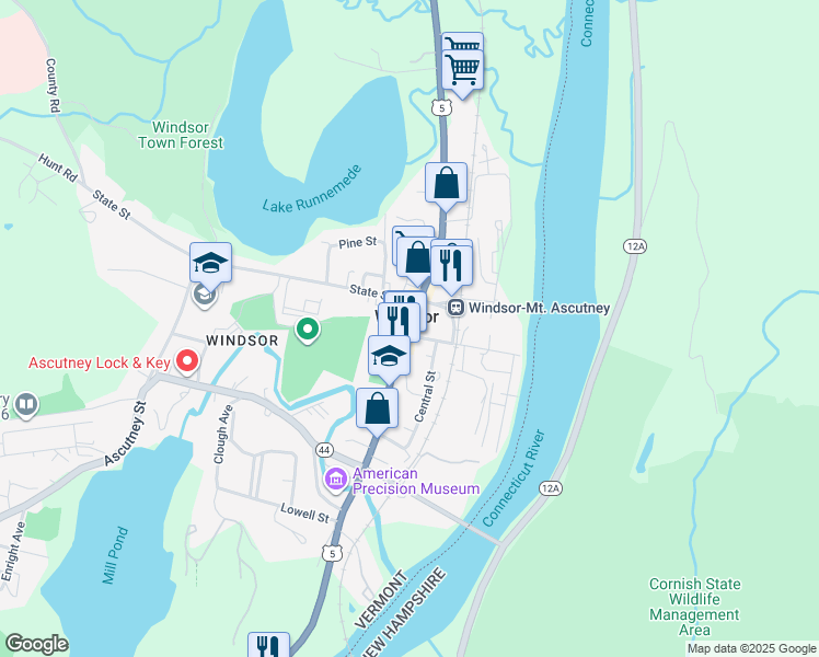 map of restaurants, bars, coffee shops, grocery stores, and more near 128 Main Street in Windsor