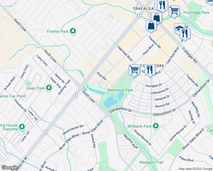 map of restaurants, bars, coffee shops, grocery stores, and more near in Oakville
